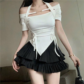 Set áo bẹt vai mcxx kèm chán váy dập ly 2 tầng v5