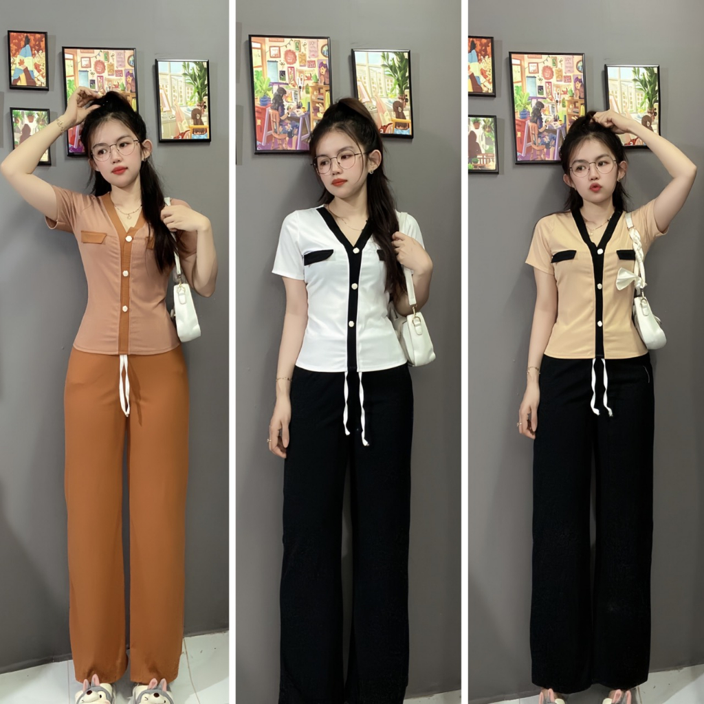 Set bộ thun gân ống xuông mix áo cổ tim kết nút-HT1006