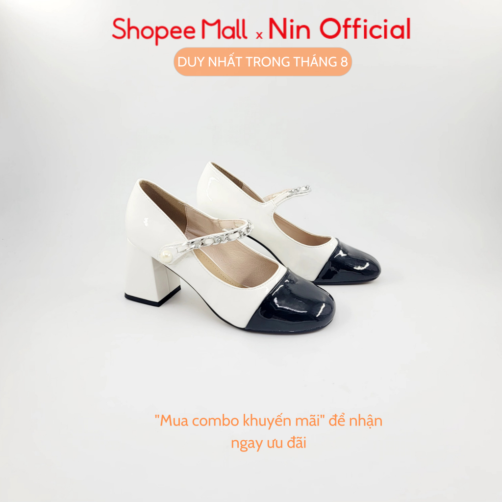 Giày cao gót đế bằng 7 cm Ninshoes mũi tròn quai ngang kèm xích đính ngọc