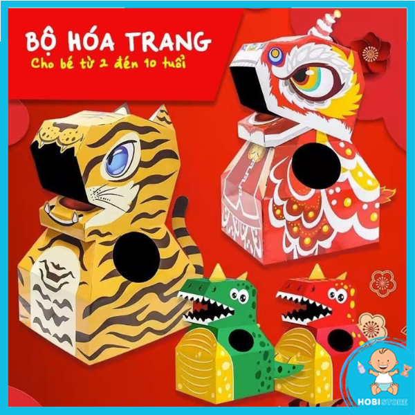 [Loại 1 size to] Bộ mô hình hoá trang cosplay khủng long đầu kỳ lân đồ chơi halloween cho bé thùng carton giấy quà tặng