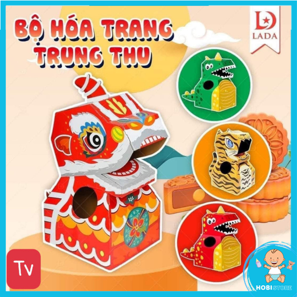 [Loại 1 size to] Bộ mô hình hoá trang cosplay khủng long đầu kỳ lân đồ chơi halloween cho bé thùng carton giấy quà tặng