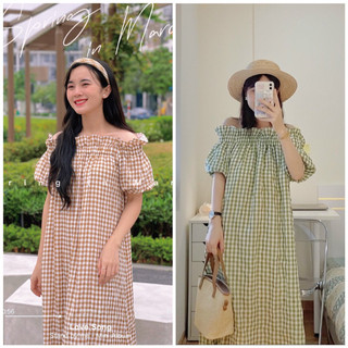 Váy kẻ caro dáng xuông trễ vai phong cách Hàn Quốc