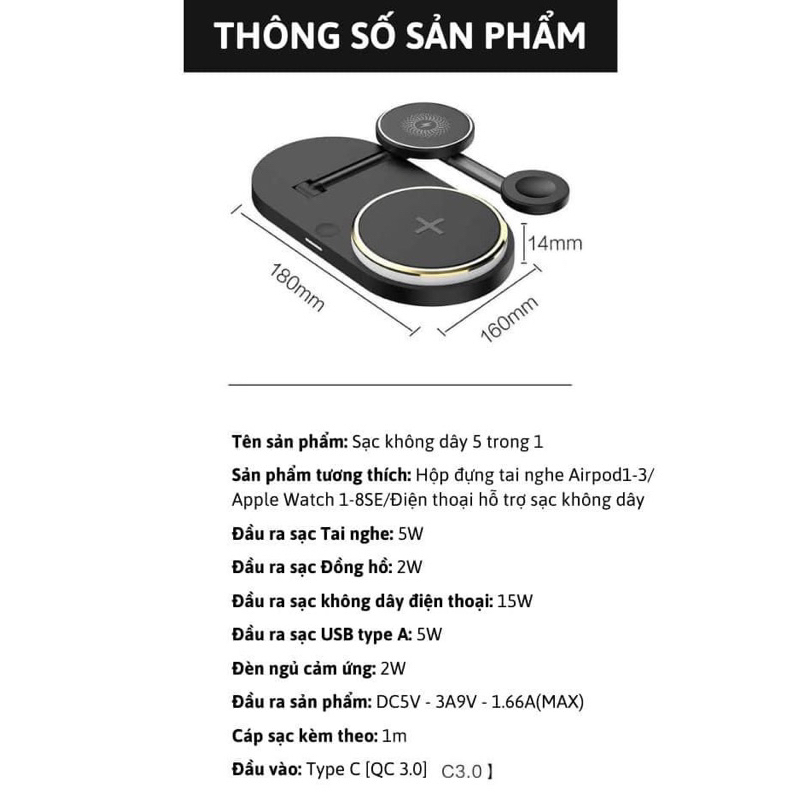 Sạc không dây 5 trong 1 gấp gọn siêu tiện lợi