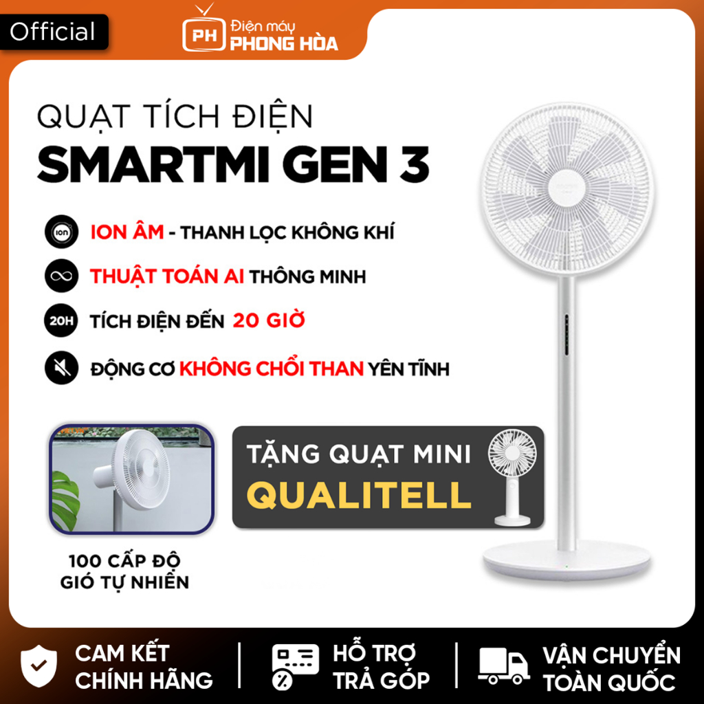 Quạt Tích Điện Thông Minh Xiaomi Smartmi Gen 3/ Gen 3 Pro,tạo ion âm thanh lọc không khí, động cơ DC chống ồn