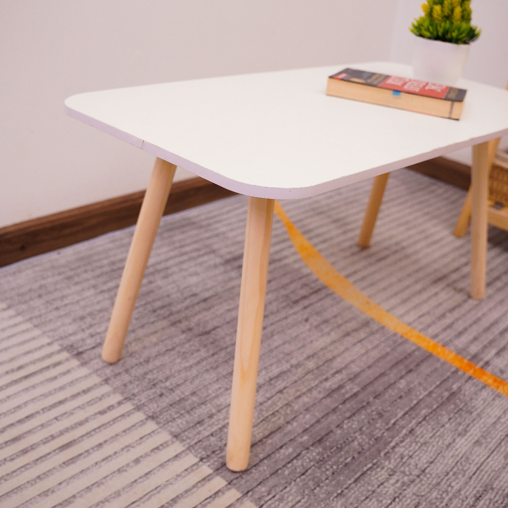 Bàn trà sofa hình chữ nhật, bàn cafe chân gỗ thông tự nhiên, mặt trắng chất liệu gỗ MDF phủ melamine chống thấm nước