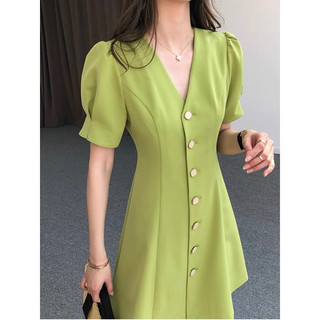 Đầm váy cổ V nút đẹp form ngắn sang chảnh xanh bơ