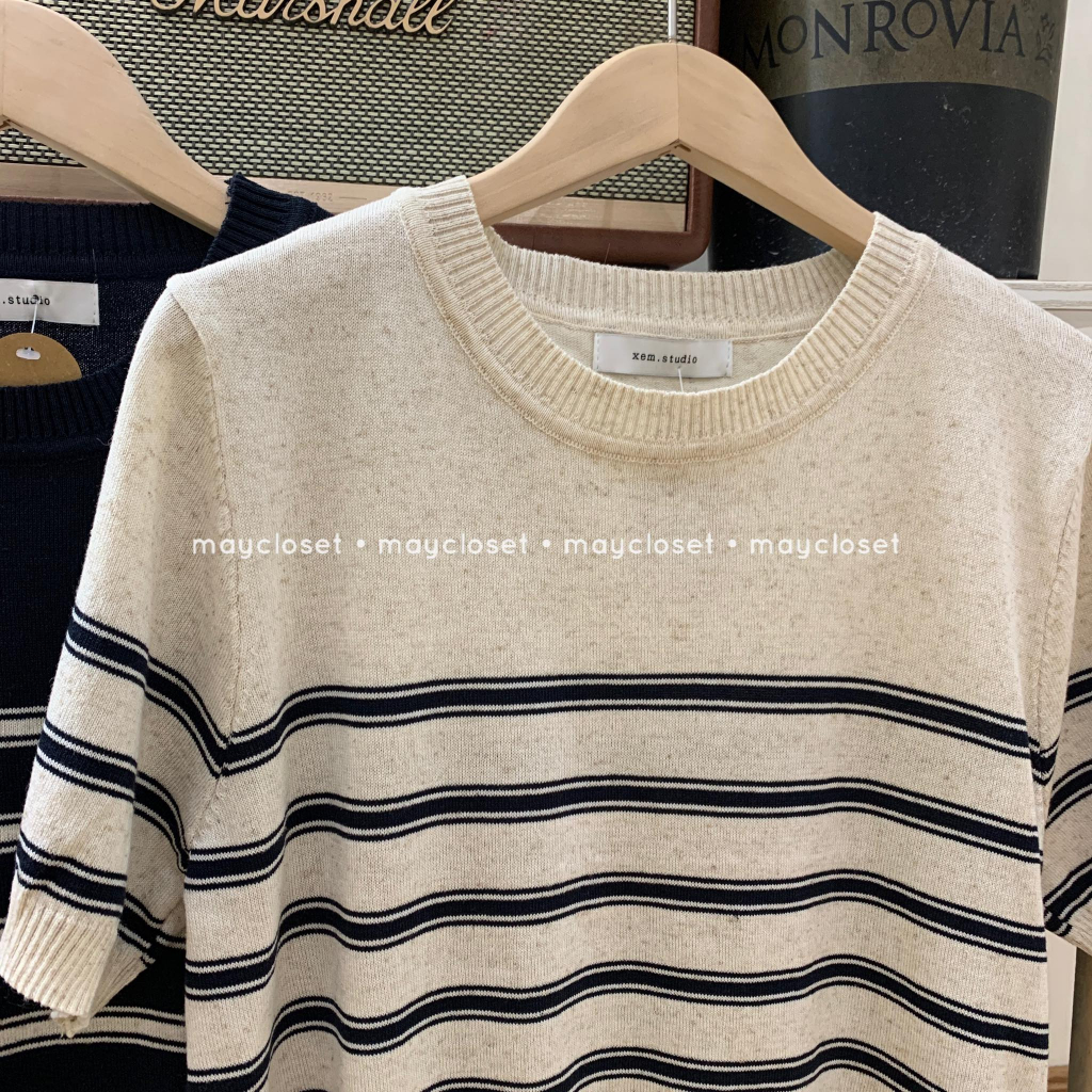Áo len ngắn tay kẻ ngang từ ngực tag xem.studio