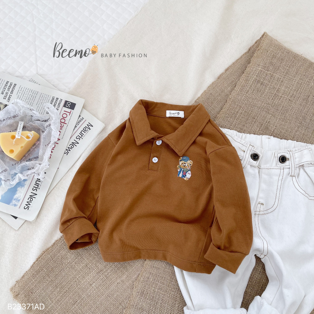 Áo polo cotton dài tay in gấu Beemo cho bé trai bé gái