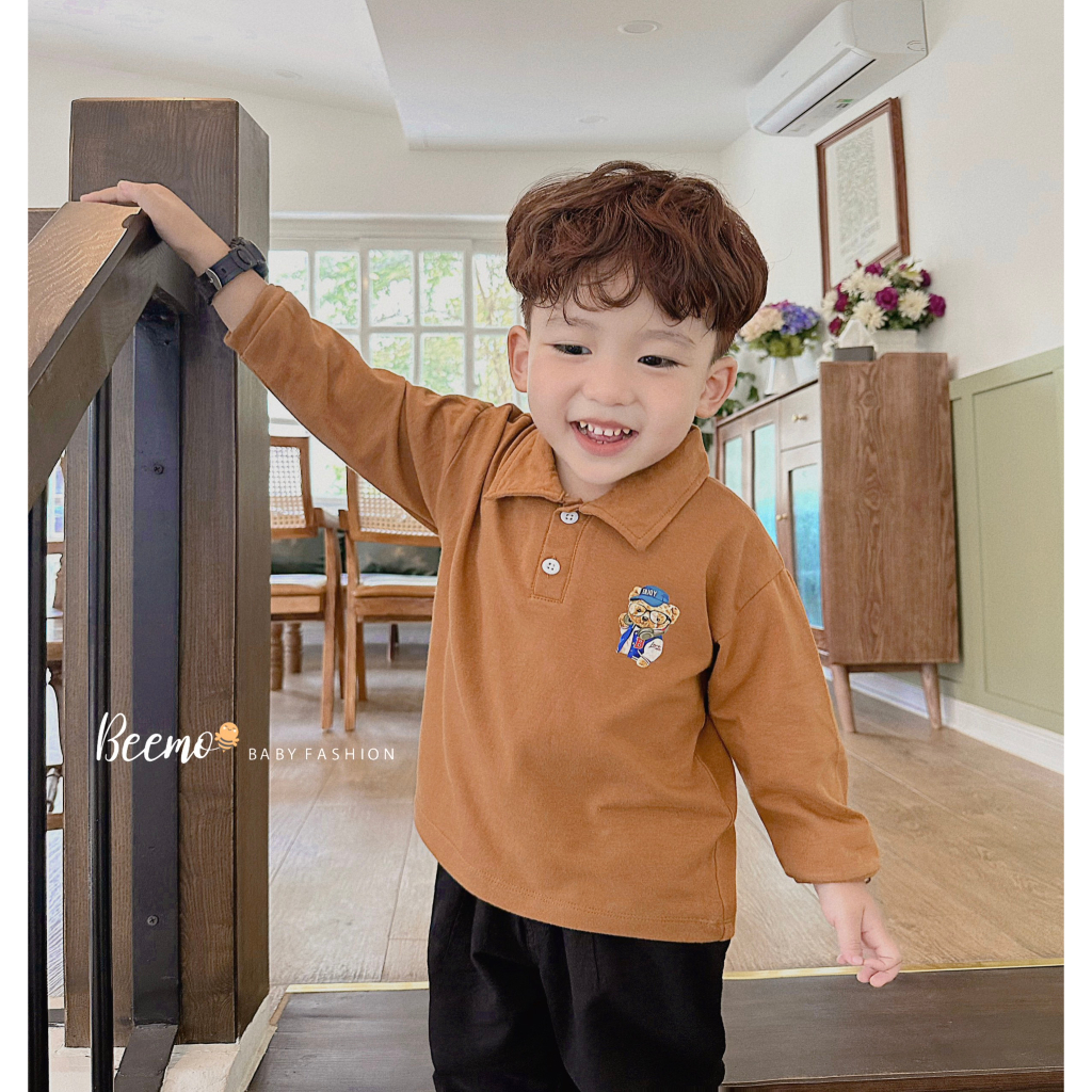 Áo polo cotton dài tay in gấu Beemo cho bé trai bé gái