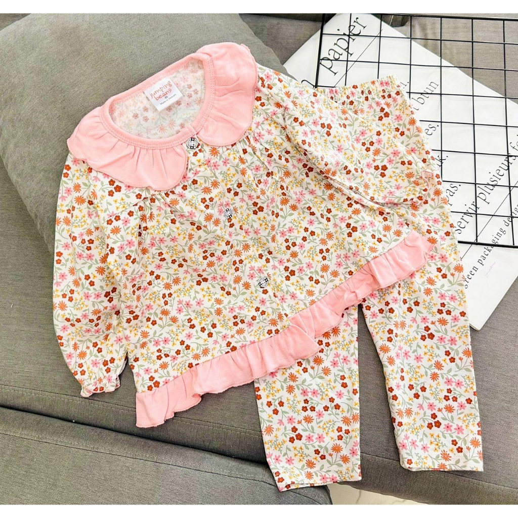 Bộ babydoll tay dài quần dài chất Thun cotton xuất bé gái size nhí 10-22kg - Quần áo trẻ em - Pikakids