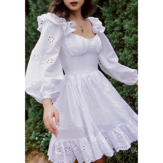 Váy xoè kiểu nữ tay phồng dáng ngắn THE COUNTRY Western Harbor Dress vải xô hoa thêu đục lỗ