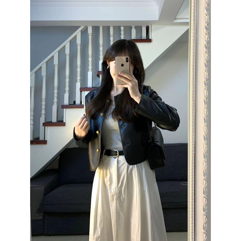 Áo khoác da dáng croptop Jinoz Local Brand màu đen kiểu dáng basic chất liệu da Pu NewArrival 2023