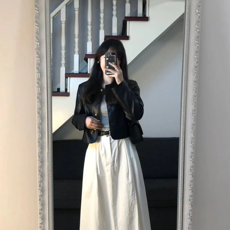 Áo khoác da dáng croptop Jinoz Local Brand màu đen kiểu dáng basic chất liệu da Pu NewArrival 2023