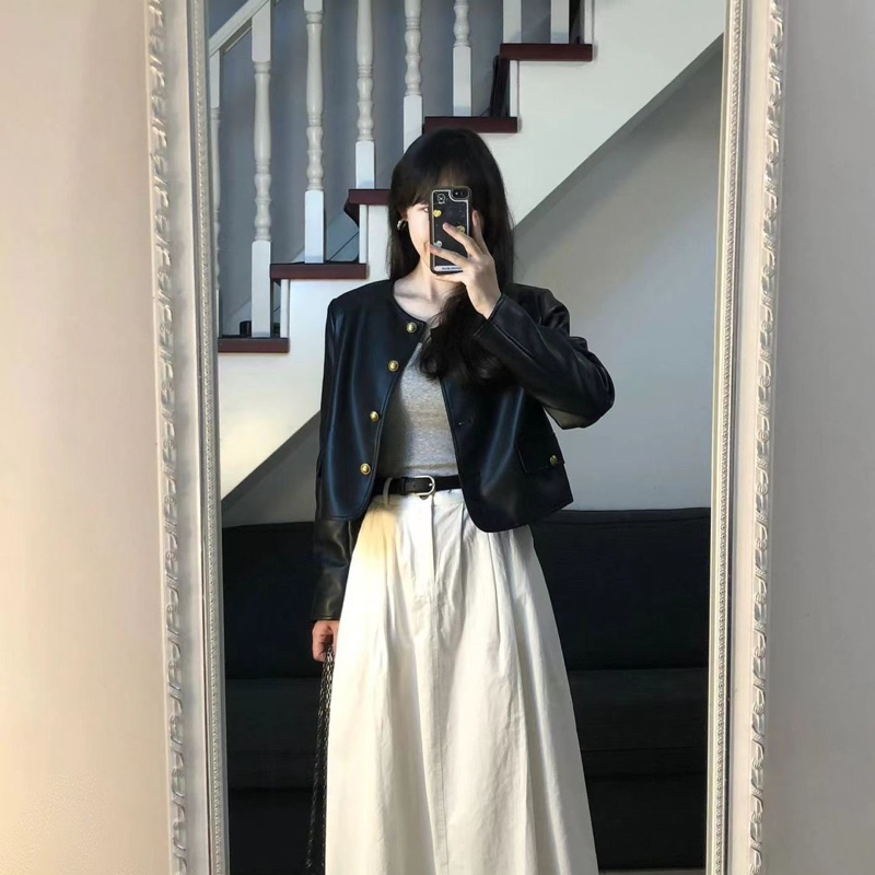 Áo khoác da dáng croptop Jinoz Local Brand màu đen kiểu dáng basic chất liệu da Pu NewArrival 2023