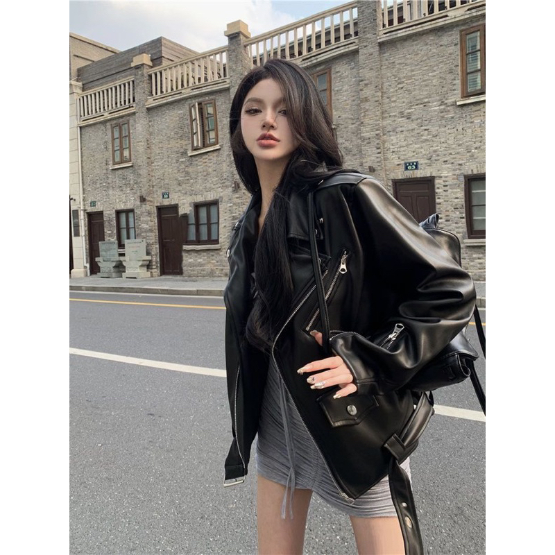 Áo khoác da Biker màu đen chất liệu da PU chống nhăn NewArrival 2023