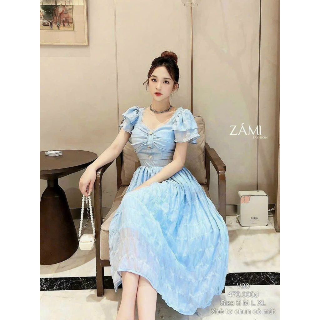 Đầm váy xốp nhún phối ren đính nút dáng dài xoè bồng bềnh xinh xẻo 2 lớp (có mút ngưc)