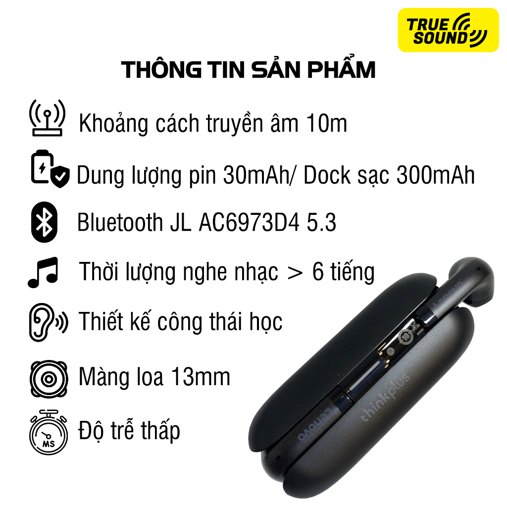 Tai nghe Bluetooth LENOVO TWS TW60B 5.3V. Hàng nội địa TQ. Phiên bản cập nhật 2023. IPX5