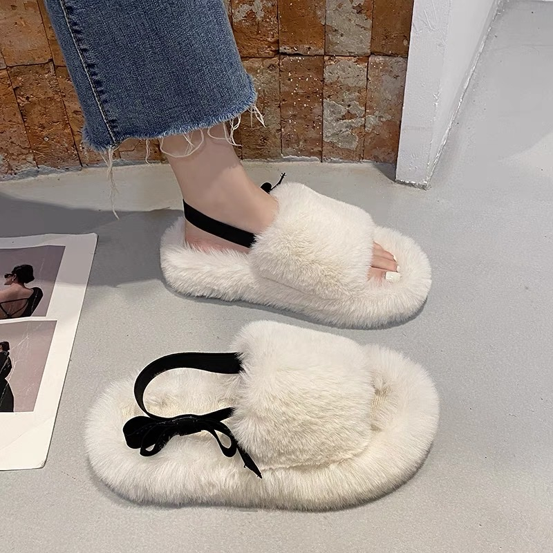 M032 Dép lông nhung bản ngang có quai chun sau cài nơ xinh xắn mùa thu đông cho nữ phong cách trẻ trung mẫu hot năm 2023