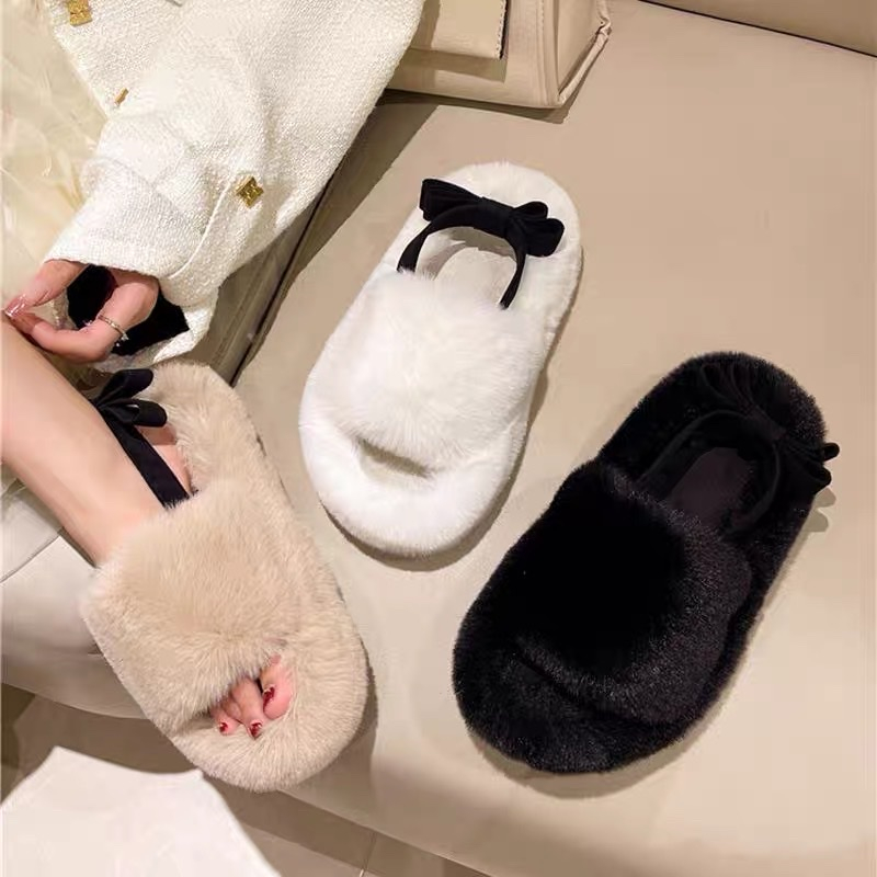 M032 Dép lông nhung bản ngang có quai chun sau cài nơ xinh xắn mùa thu đông cho nữ phong cách trẻ trung mẫu hot năm 2023