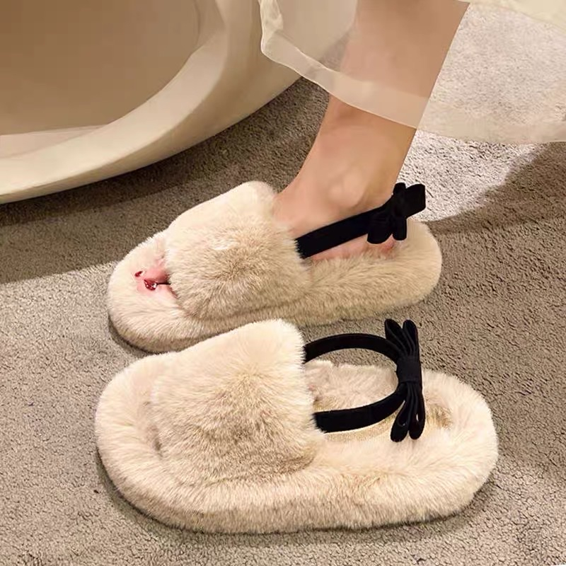 M032 Dép lông nhung bản ngang có quai chun sau cài nơ xinh xắn mùa thu đông cho nữ phong cách trẻ trung mẫu hot năm 2023