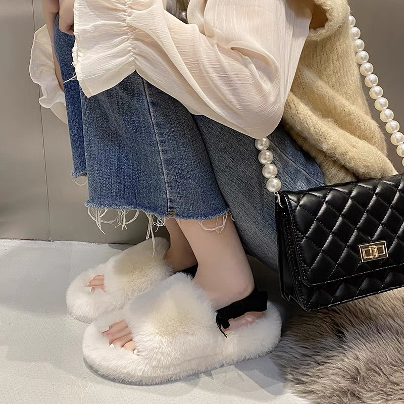 M032 Dép lông nhung bản ngang có quai chun sau cài nơ xinh xắn mùa thu đông cho nữ phong cách trẻ trung mẫu hot năm 2023