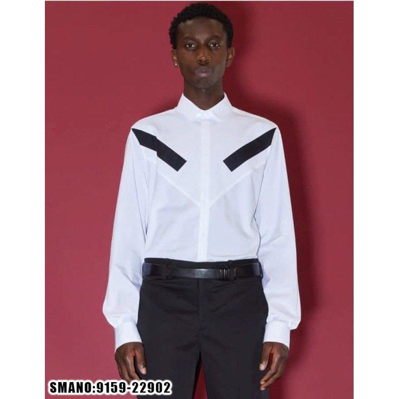 Áo sơmi Trắng Nam Dài Tay Neil Barrett Vải Thô Thêu Vạch Sọc Chéo Chữ V Đơn Giản Cho Các Boy Phố Đi học Đi Chơi