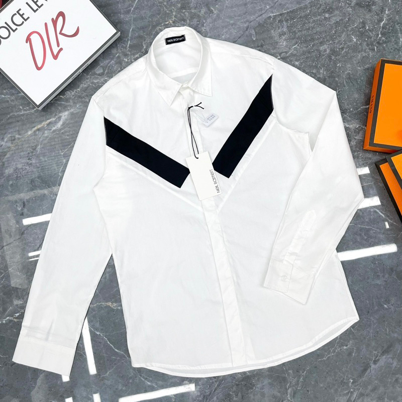 Áo sơmi Trắng Nam Dài Tay Neil Barrett Vải Thô Thêu Vạch Sọc Chéo Chữ V Đơn Giản Cho Các Boy Phố Đi học Đi Chơi