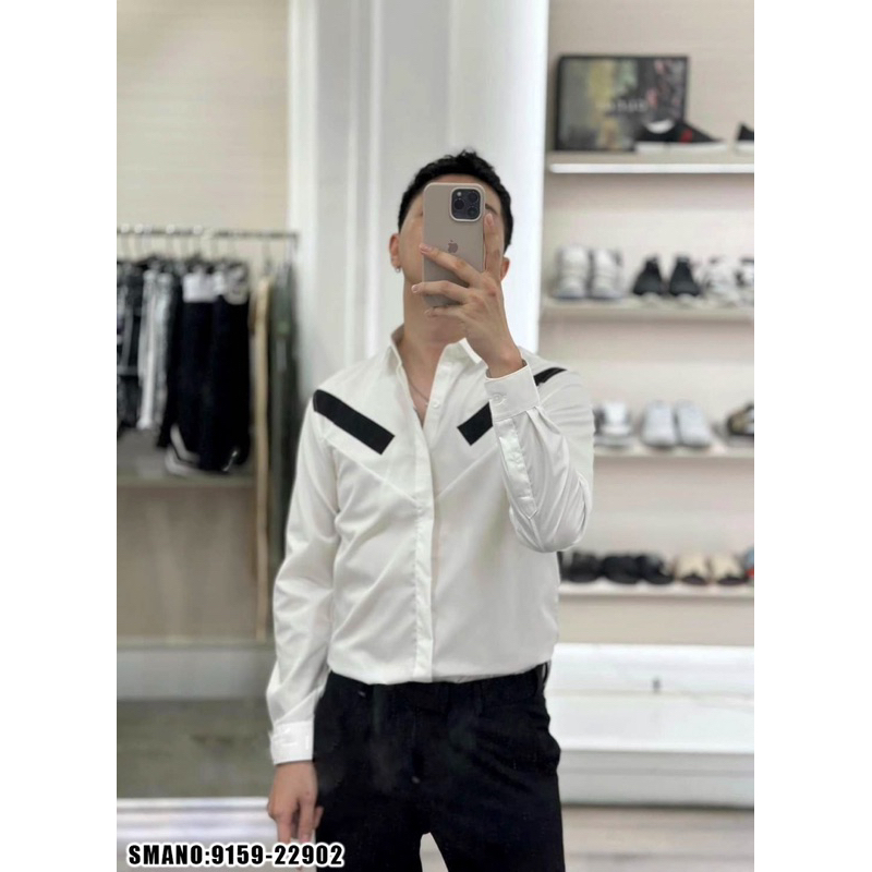 Áo sơmi Trắng Nam Dài Tay Neil Barrett Vải Thô Thêu Vạch Sọc Chéo Chữ V Đơn Giản Cho Các Boy Phố Đi học Đi Chơi