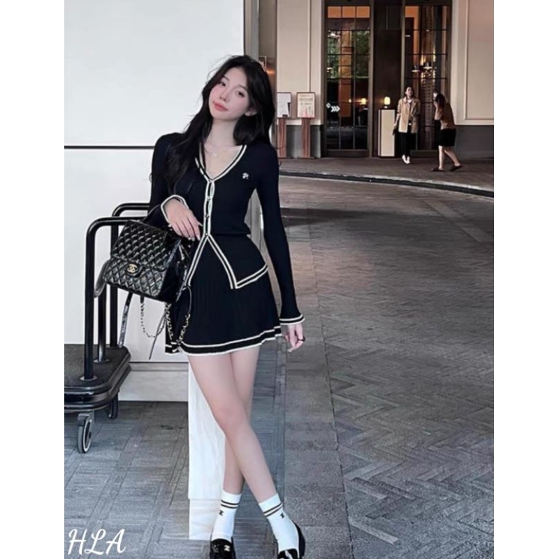 Sét áo len viền cổ V +chân váy xếp ly hàng QC