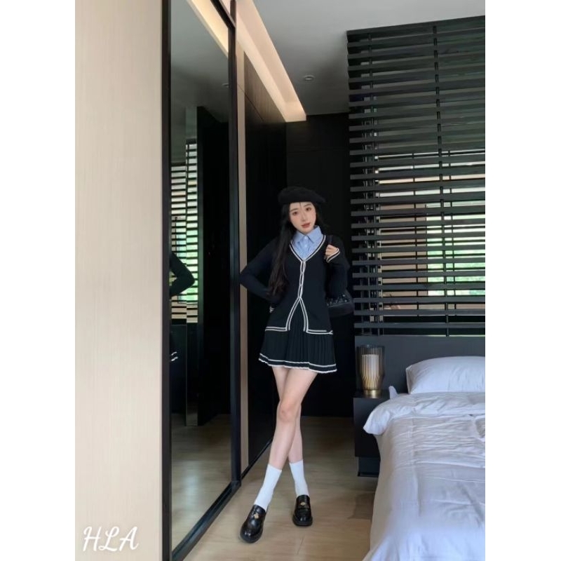 Sét áo len viền cổ V +chân váy xếp ly hàng QC