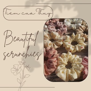 Scrunchies, dây cột tóc, cột tóc vải thô đũi, thô cara, linen hoa nhí
