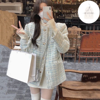 Áo khoác dạ tweed thu đông hoạ tiết pastel phong cách Hàn Quốc