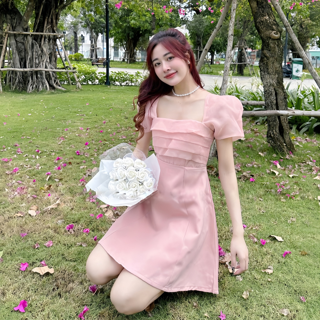 Váy Tafta Thiết Kế Xếp Li Ngực, Đầm Dự Tiệc Tiểu Thư Sang Chảnh