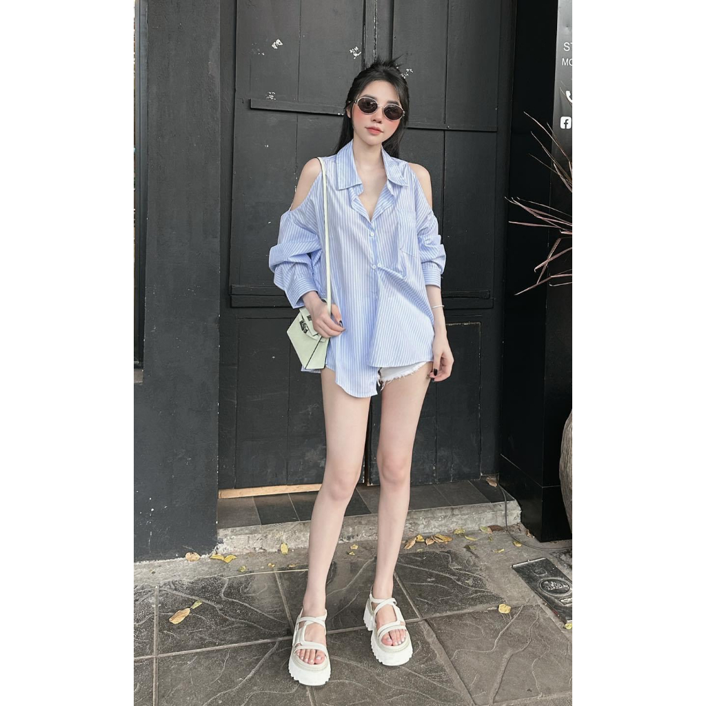 SET ÁO SƠ MI XANH KHOÉT VAI + QUẦN SHORT TRẮNG TƯA LAI