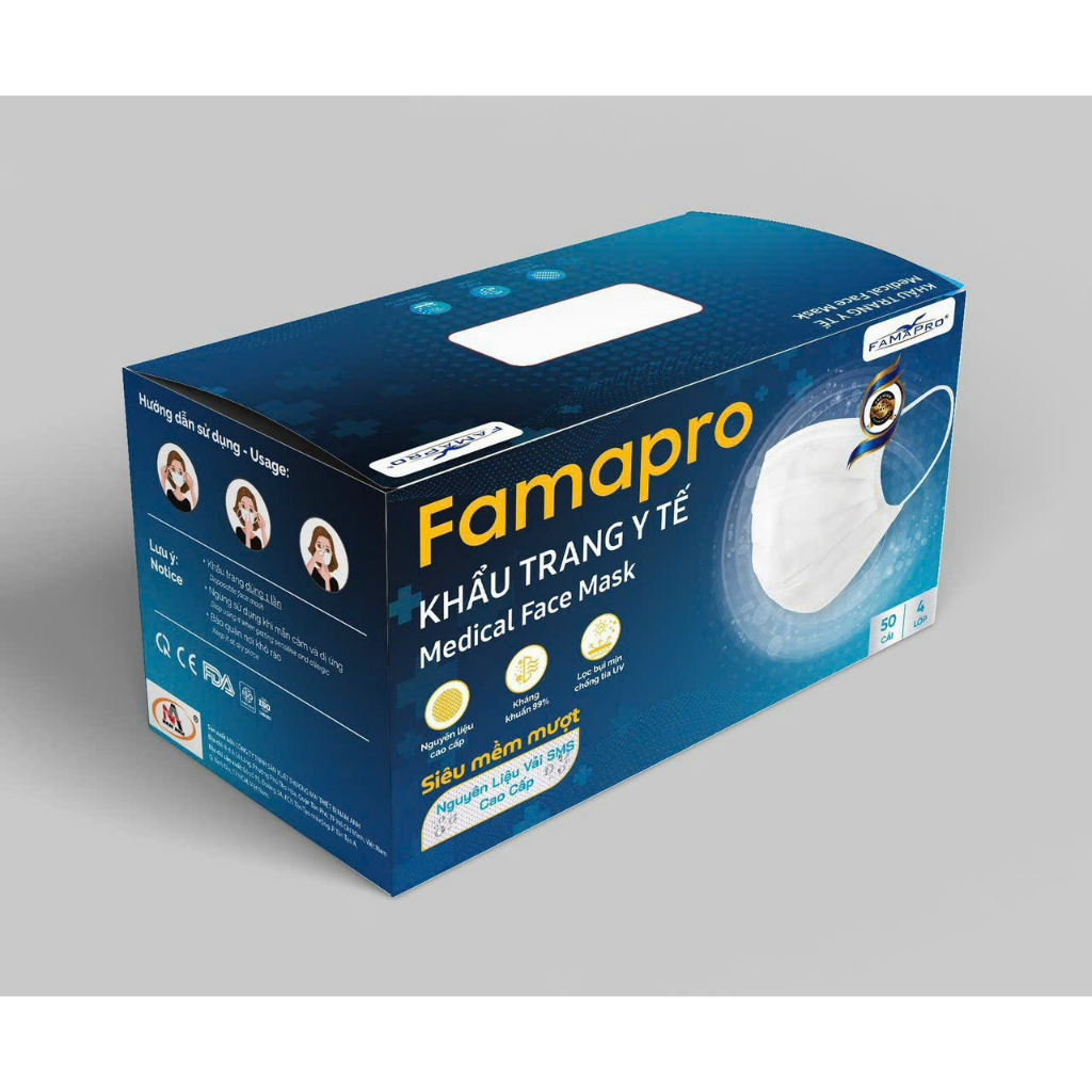 Khẩu trang y tế kháng khuẩn 4 lớp Famapro Vải SMS Siêu mềm mượt hộp 50 cái