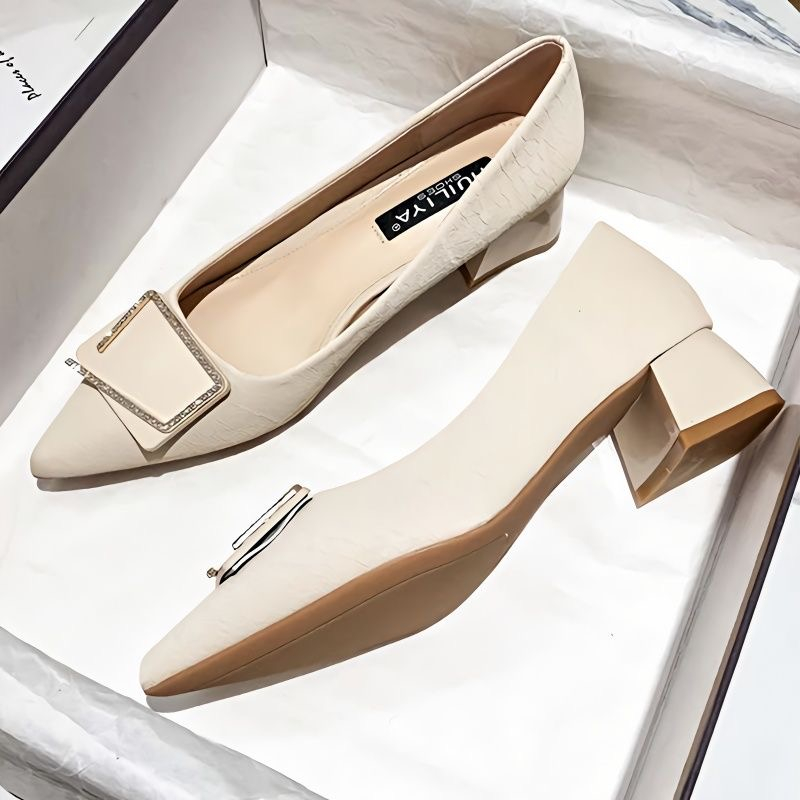 Giày cao gót bít mũi hãng nội địa Trung gót vuông 5cm, da mềm, êm chân