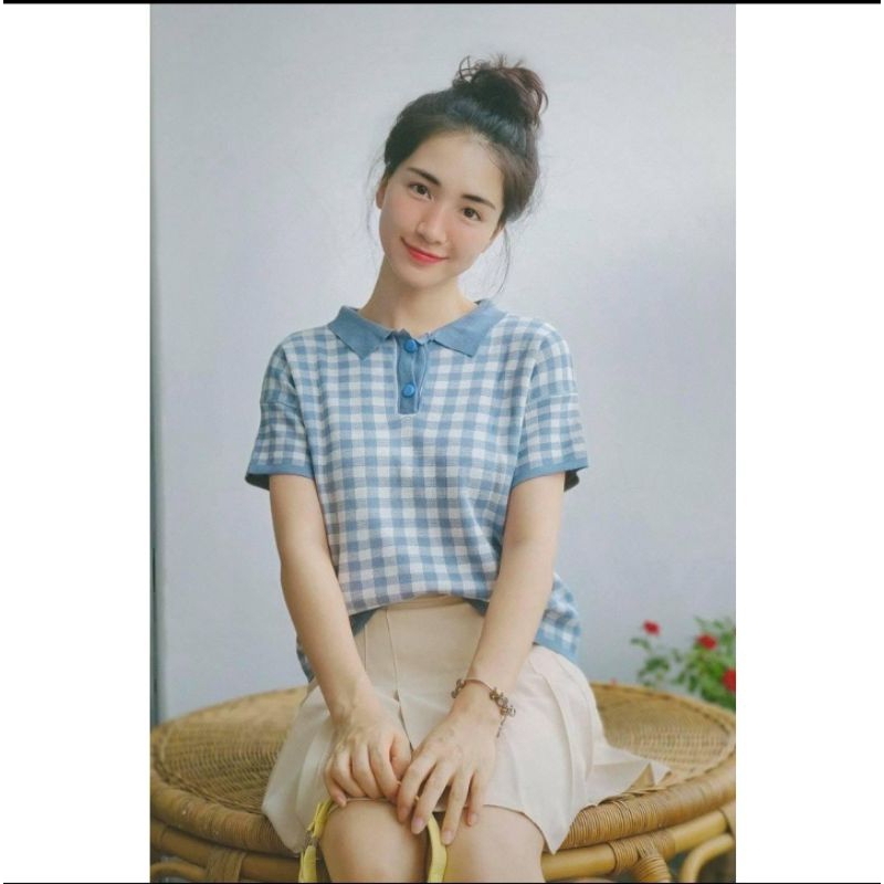 Áo Polo Mongtoghi kẻ xanh hồng mùa hè thu 2023 hàng QC