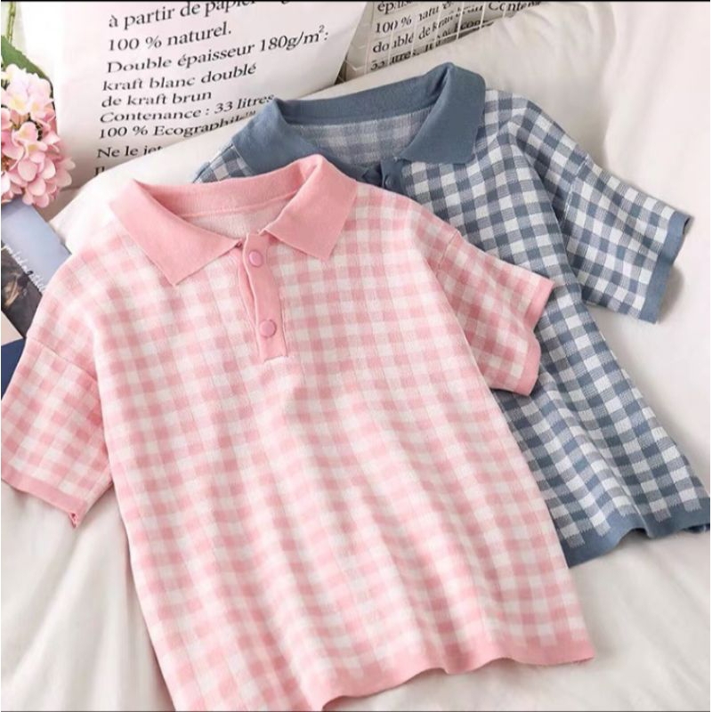 Áo Polo Mongtoghi kẻ xanh hồng mùa hè thu 2023 hàng QC