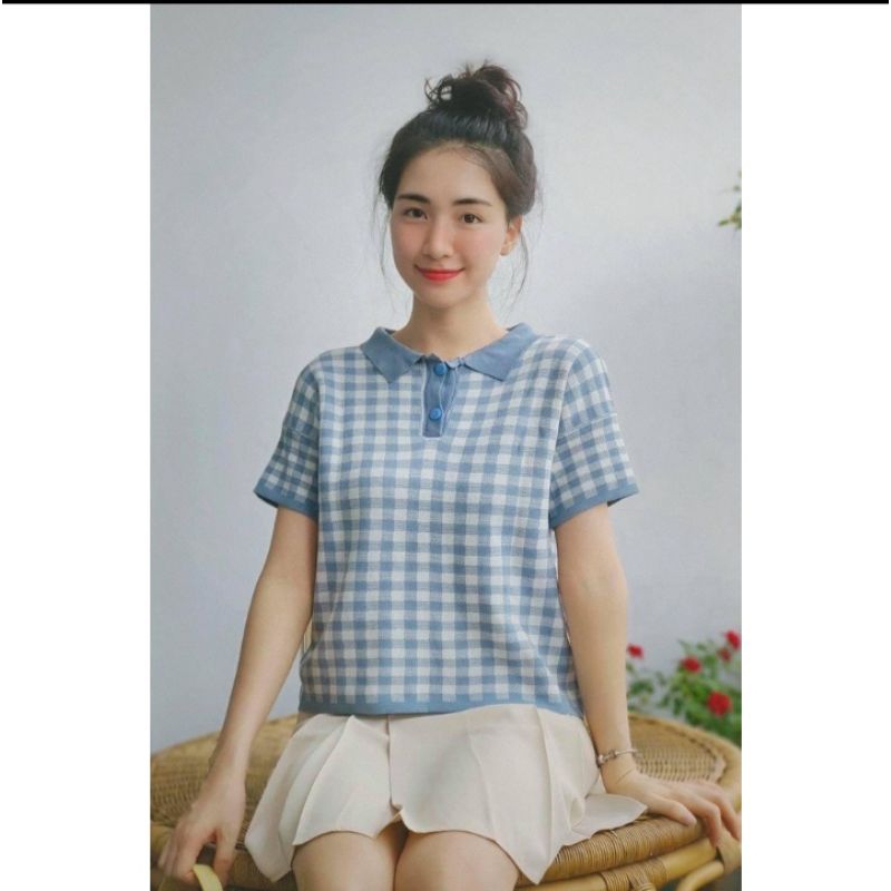 Áo Polo Mongtoghi kẻ xanh hồng mùa hè thu 2023 hàng QC