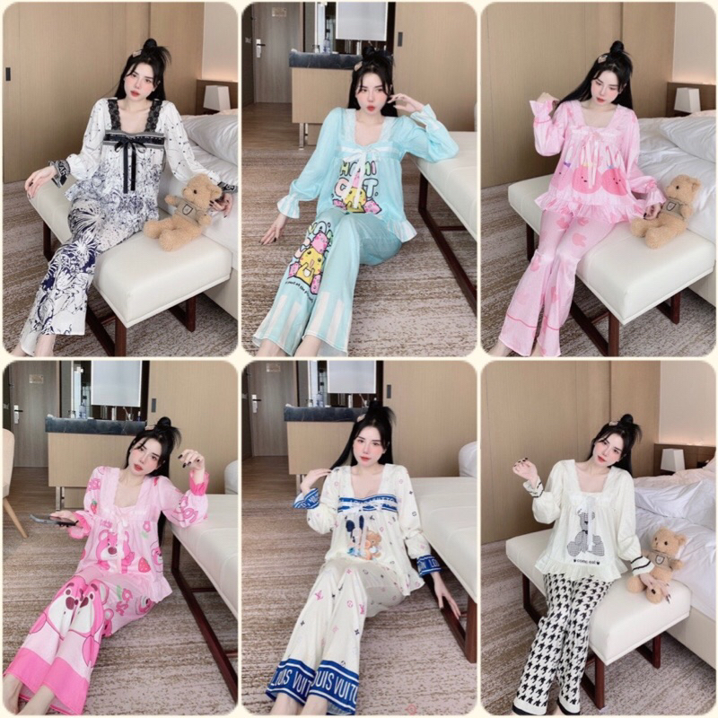 Đồ bộ Pyjama nữ Tay dài cổ vuông tiểu thư lụa gấm xước cao cấp