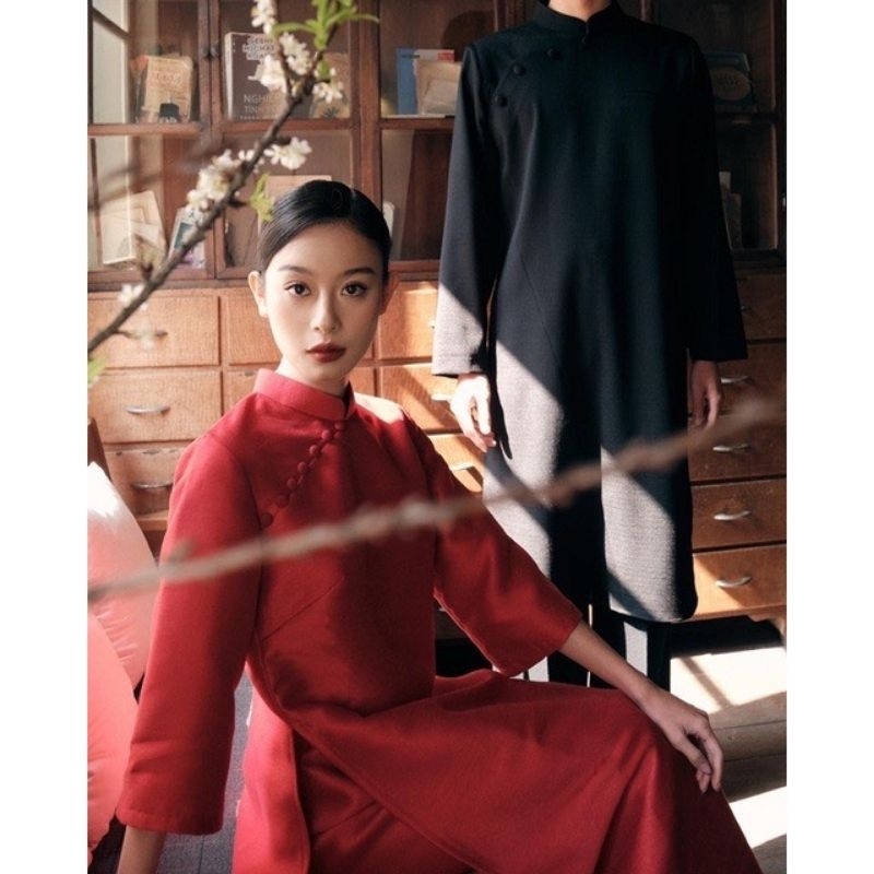 Áo dài đỏ nữ form rộng tafta- áo dài nam form dài
nữ tafta đô tươi