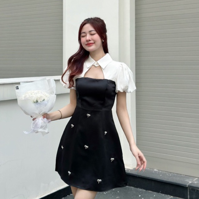 Váy nữ đầm dự tiệc, váy công sở sang chảnh váy đi chơi thiết kế khoét ngực đính đá phối cổ trắng (Hàng loại 1)