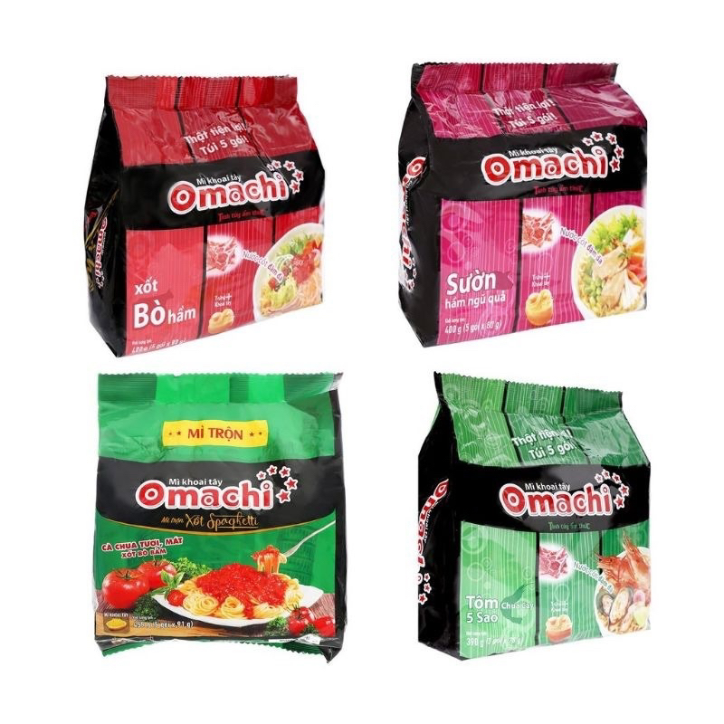 Combo 5 gói mì OMACHI 80gr vị Sườn hầm ngũ quả , Xốt bò hầm , Bắp bò riêu cua , trộn Spaghetti 90gr.