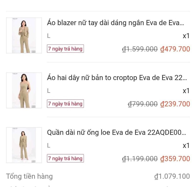 Eva de eva set 3 món bộ vest quần size L mới newtag
