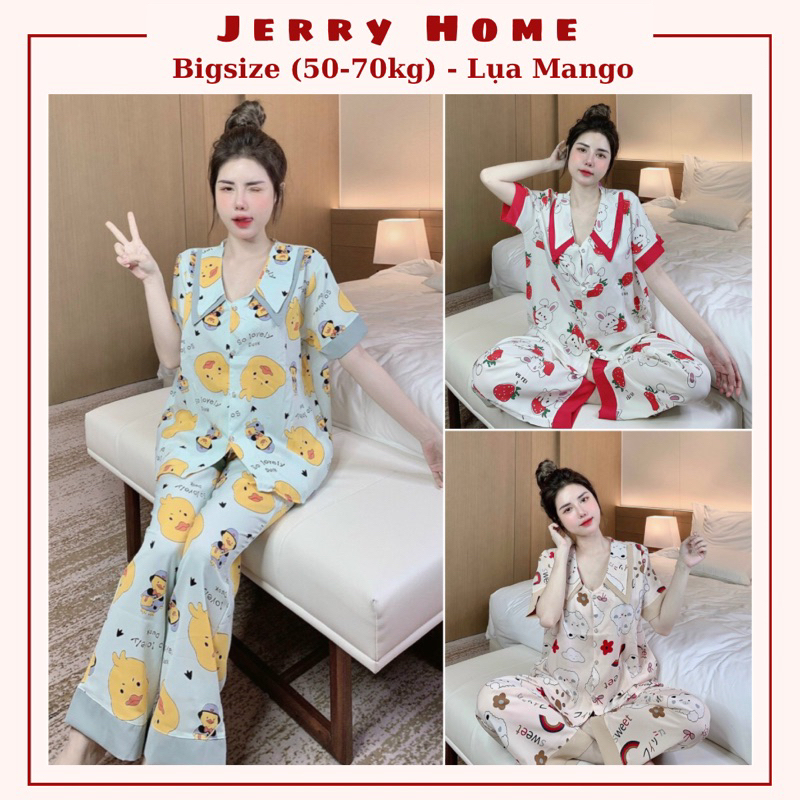 Đồ Bộ Bigsize 60-75kg, Pijama Đồ Bộ Mặc Nhà Nữ Chất Liệu Mango Tay Ngắn Quần Dài Cổ Lá