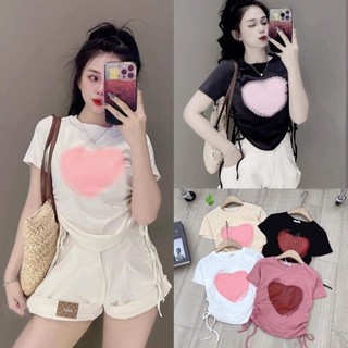Áo kiểu form croptop in hình trái tim rút dây eo