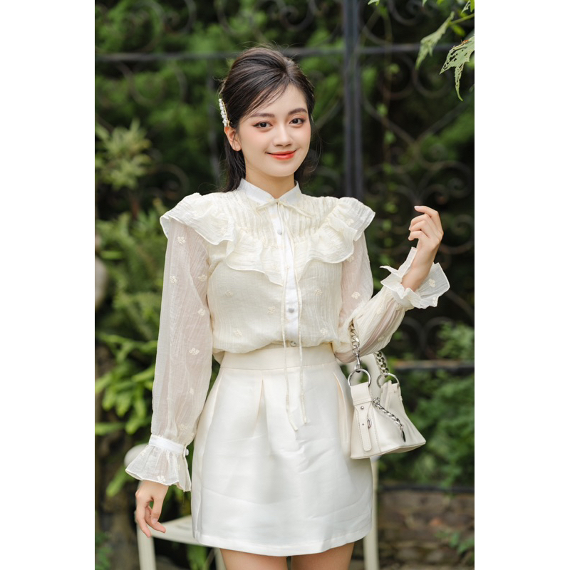 Áo sơ mi nữ dài tay LENLY áo sơ mi nữ kiểu thiết kế tiểu thư sang chảnh cổ trụ vải tơ thêu hoa mềm mịn 2 lớp cobe.offici