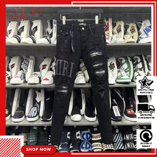 Quần jean nam chất denim cao cấp màu đen rách vá caro kèm thêu chữ amiri logo dáng skinny form co dãn YUKI OUTFIT 2354