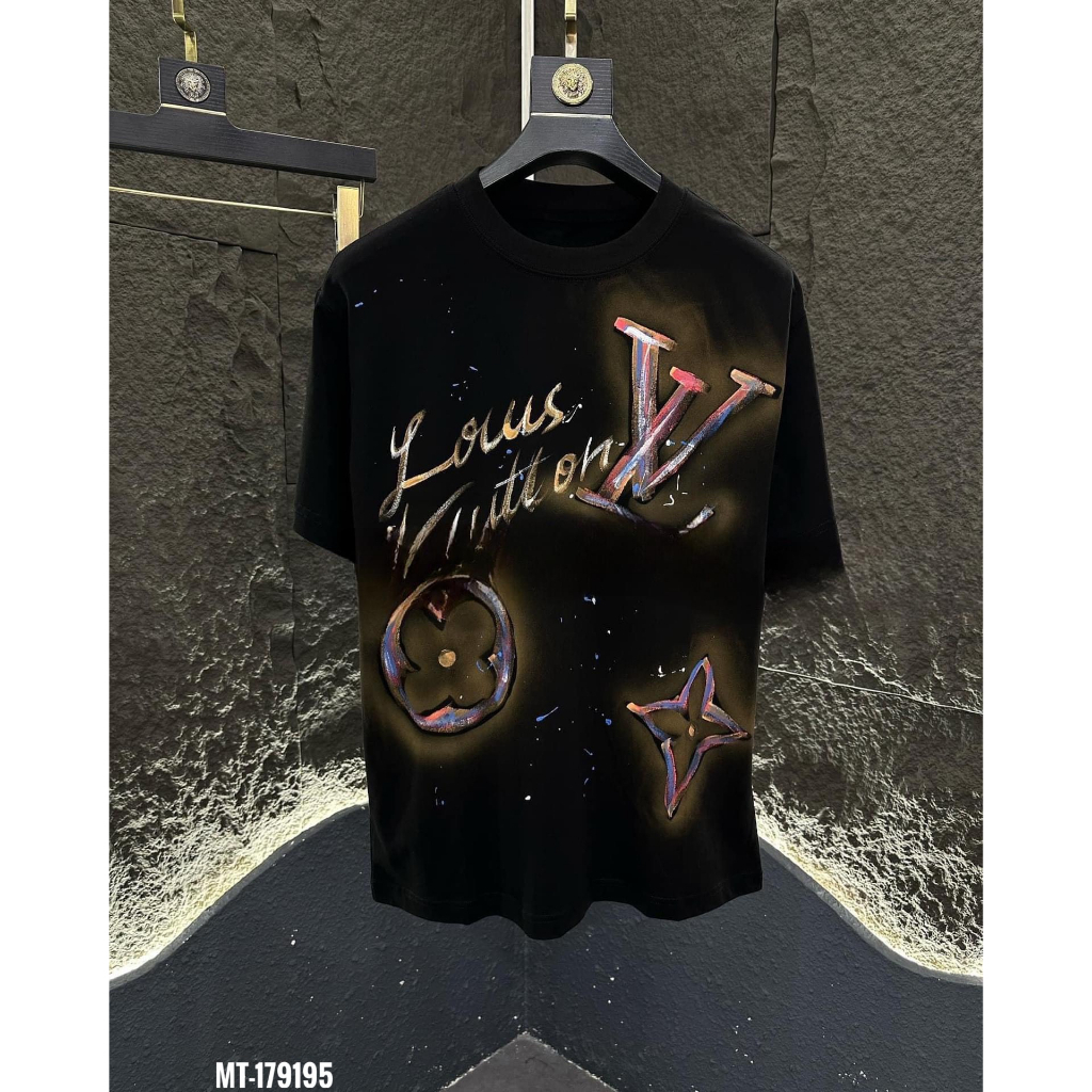 Áo phông nam nữ LV hoa lá cành phối Màu họa tiết 3D 2 màu đen trắng - Áo lv loang nam nữ siêu cấp vải cotton mịn