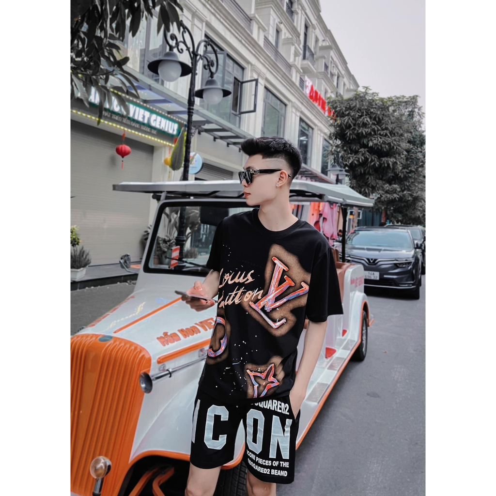 Áo phông nam nữ LV hoa lá cành phối Màu họa tiết 3D 2 màu đen trắng - Áo lv loang nam nữ siêu cấp vải cotton mịn